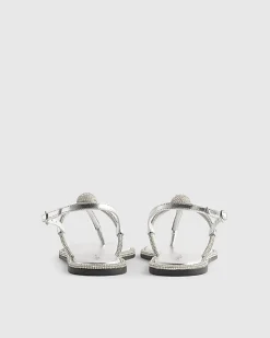 Silver Leather Embellished Toe Thong Sandals