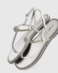 Silver Leather Embellished Toe Thong Sandals