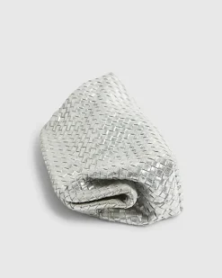 Silver Leather Woven Clutch Bag