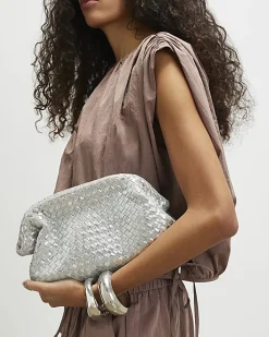 Silver Leather Woven Clutch Bag