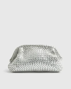 Silver Leather Woven Clutch Bag