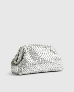 Silver Leather Woven Clutch Bag