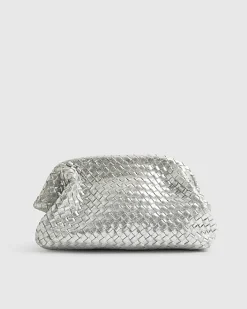 Silver Leather Woven Clutch Bag