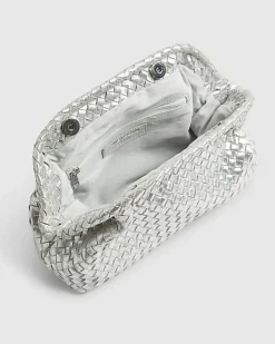 Silver Leather Woven Clutch Bag