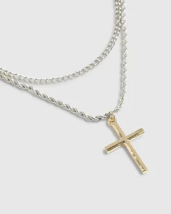 Silver Mixed Metal Cross Necklace