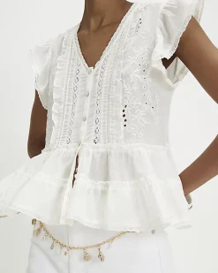 White Beaded Ruffle Smock Blouse
