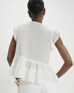 White Beaded Ruffle Smock Blouse