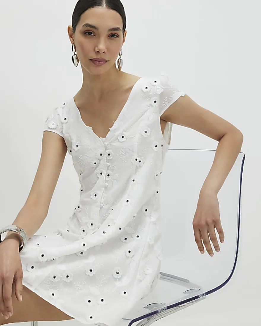 White Boutique 3D Flower Mini Dress