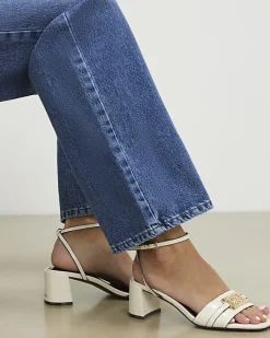 White Branded Block Heel Sandals