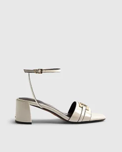 White Branded Block Heel Sandals