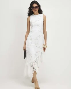 White Broderie Ruffle Hem Midi Dress