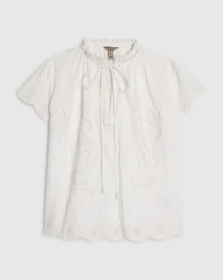 White Cotton Broderie Tie Neck Blouse