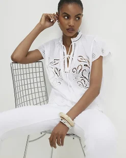 White Cotton Broderie Tie Neck Blouse