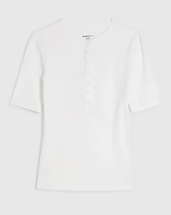 White Cotton Short Sleeve Ribbed Popper Top