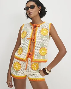 White Crochet Knit Tie Front Top