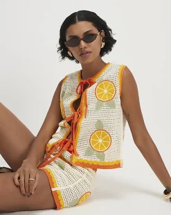 White Crochet Knit Tie Front Top
