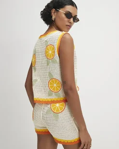 White Crochet Knit Tie Front Top