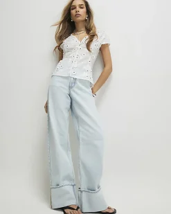 White 3D Floral Detail Short Sleeve Blouse