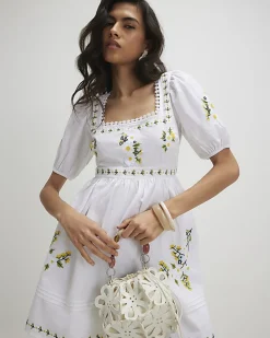 White Daisy Floral Embroidered Mini Dress