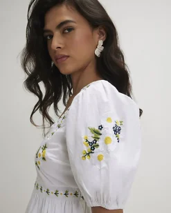 White Daisy Floral Embroidered Mini Dress