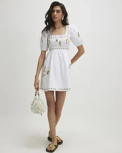 White Daisy Floral Embroidered Mini Dress