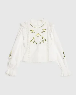 White Daisy Floral Embroidered Frill Blouse