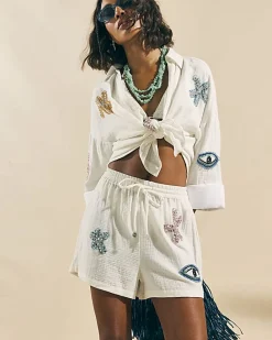 White Embellished Beach Shorts