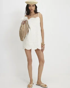 White Embroidered Denim Mini Dress