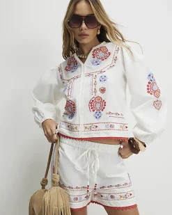 White Embroidered Long Sleeve Blouse