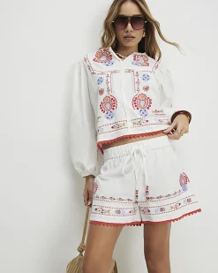 White Embroidered Shorts