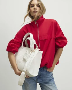 White Faux Leather Embroidered Tote Bag