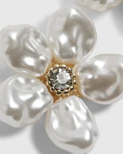 White Faux Pearl Flower Stud Earrings