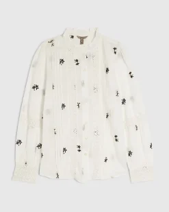 White Floral Embroidered Shirt
