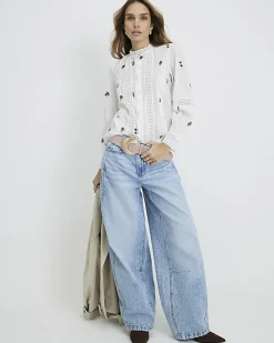 White Floral Embroidered Shirt