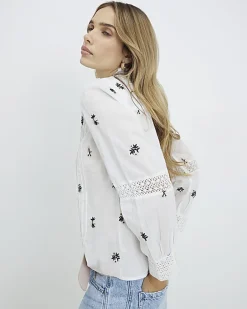 White Floral Embroidered Shirt