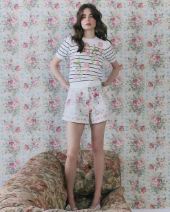 White Floral Printed Cotton Shorts