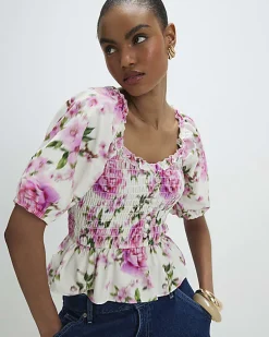 White Floral Puff Sleeve Shirred Top