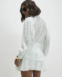 White Floral Pussybow Blouse