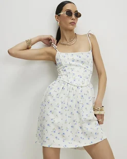 White Floral Tie Shoulder Corset Mini Dress