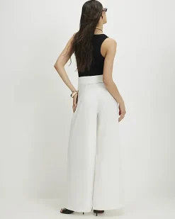 White Foldover Waistband Wide Leg Trousers