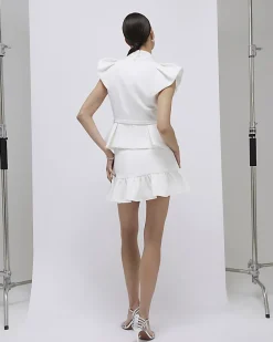 White Frill Sleeve Diamante Peplum Top