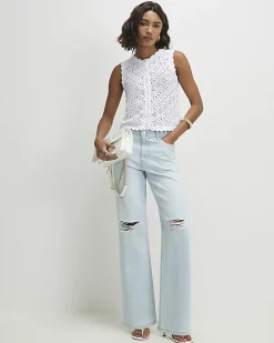White Knit Scallop Trim Top