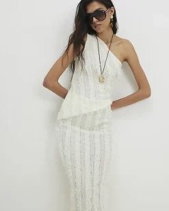 White Knitted Fringed Midi Skirt