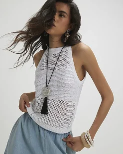 White Knitted Pointelle Sequin Vest Top