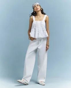 White Lace Pearl Detail Smock Cami Top
