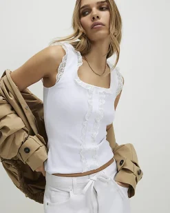 White Lace Trim Ruffle Tank Top