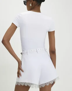 White Lace Trim Stud Belt Shorts