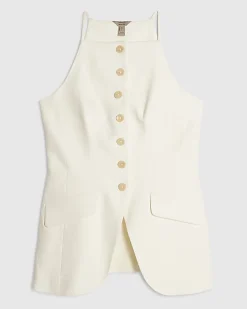 White Linen Blend Longline Waistcoat
