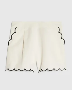 White Linen Blend Scallop Trim Shorts