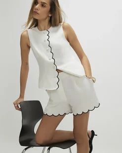 White Linen Blend Scallop Trim Shorts